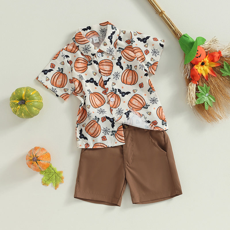 2-Piece Halloween Outfits! Boy’s Short Sleeve Pumpkin Sweatshirt & Shorts Sets