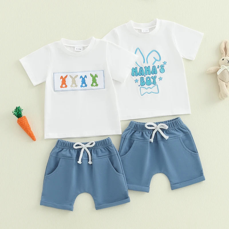 Boy's 2-Piece Embroidered "Mama's Boy" & Easter Bunny T-Shirt & Shorts Sets