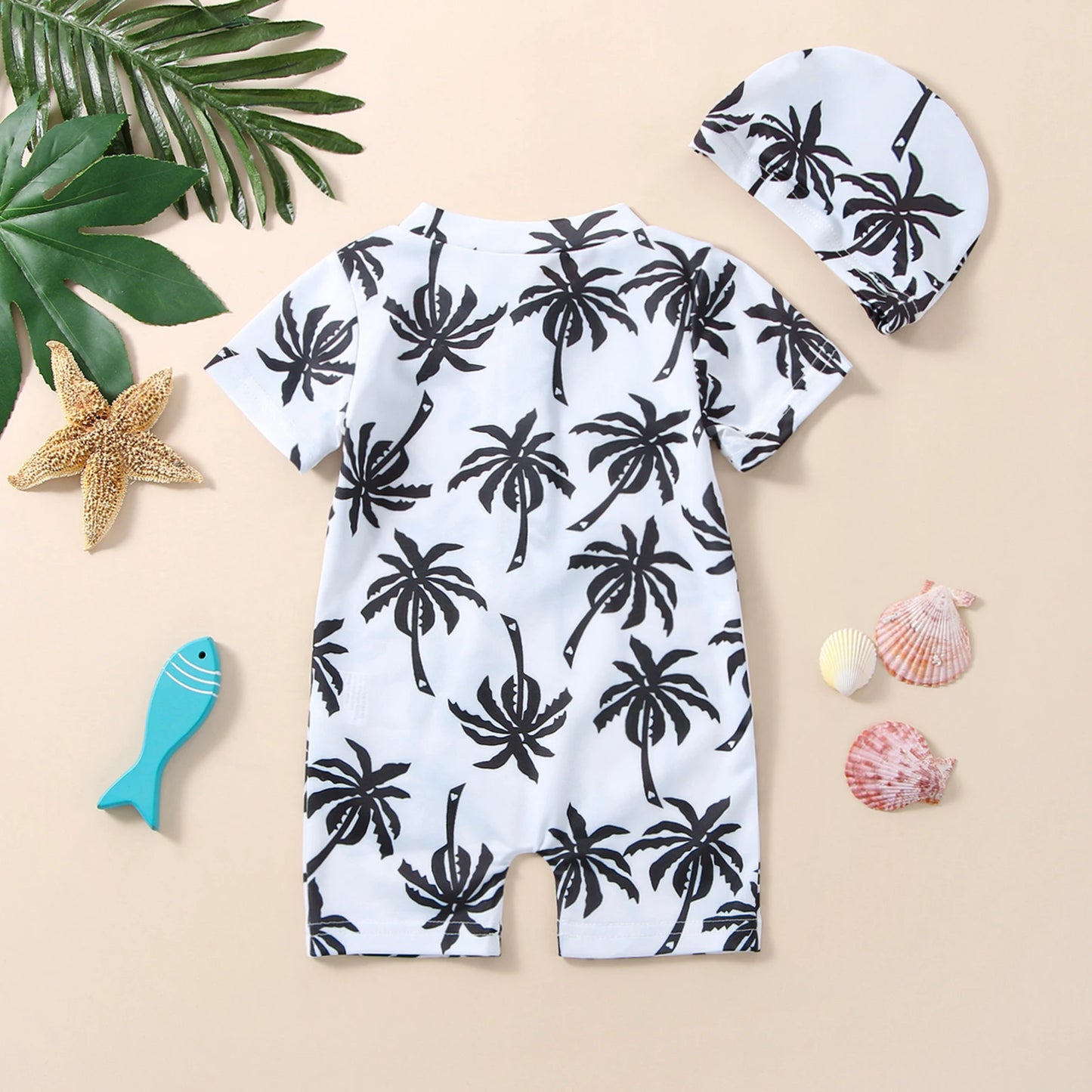 Baby Boy Swimsuit Hat Cartoon Tree Print Short Sleeve Half Zipper Jumpsuit Bathing Suit Clothes