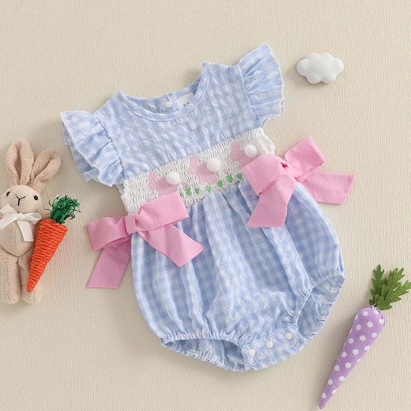 Girl's Fuzzy Bunny Tail Embroidered Solid & Plaid Easter Bow Rompers