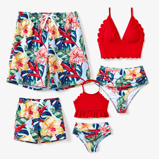 Family Matching! Floral Drawstring Swim Trunks or Ruched Shell Edge Bikini with Optional Swim Cover Up
