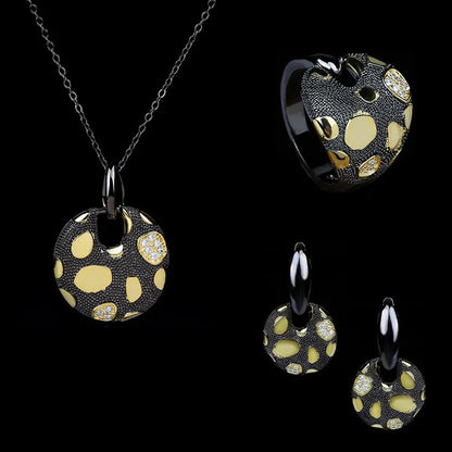 Classic 3-piece Black & Gold Style Zircon Rings, Necklace & Earrings Sets