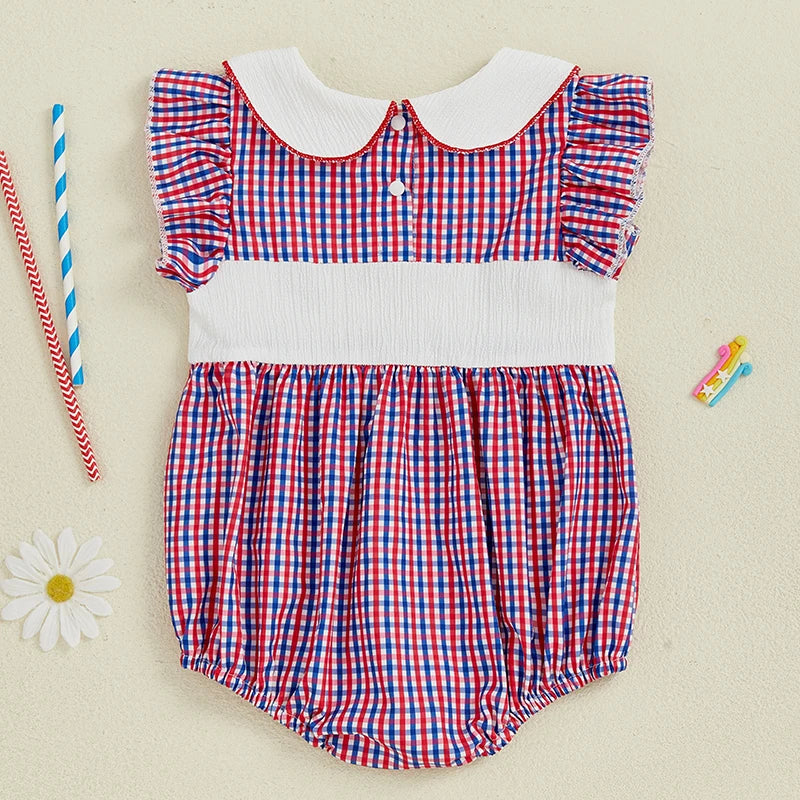 Girl's Embroidered 4th of July Plaid Doll Collar Rompers