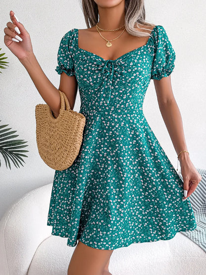 Womens Floral Print Puff Sleeve Mini Dresses