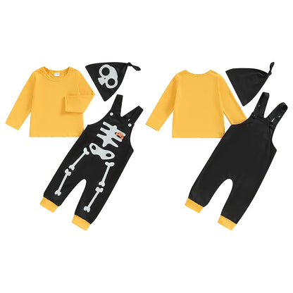 3-Piece Halloween Outfits! Boy’s Long Sleeve Skeleton Tops, Overalls & Hat Sets