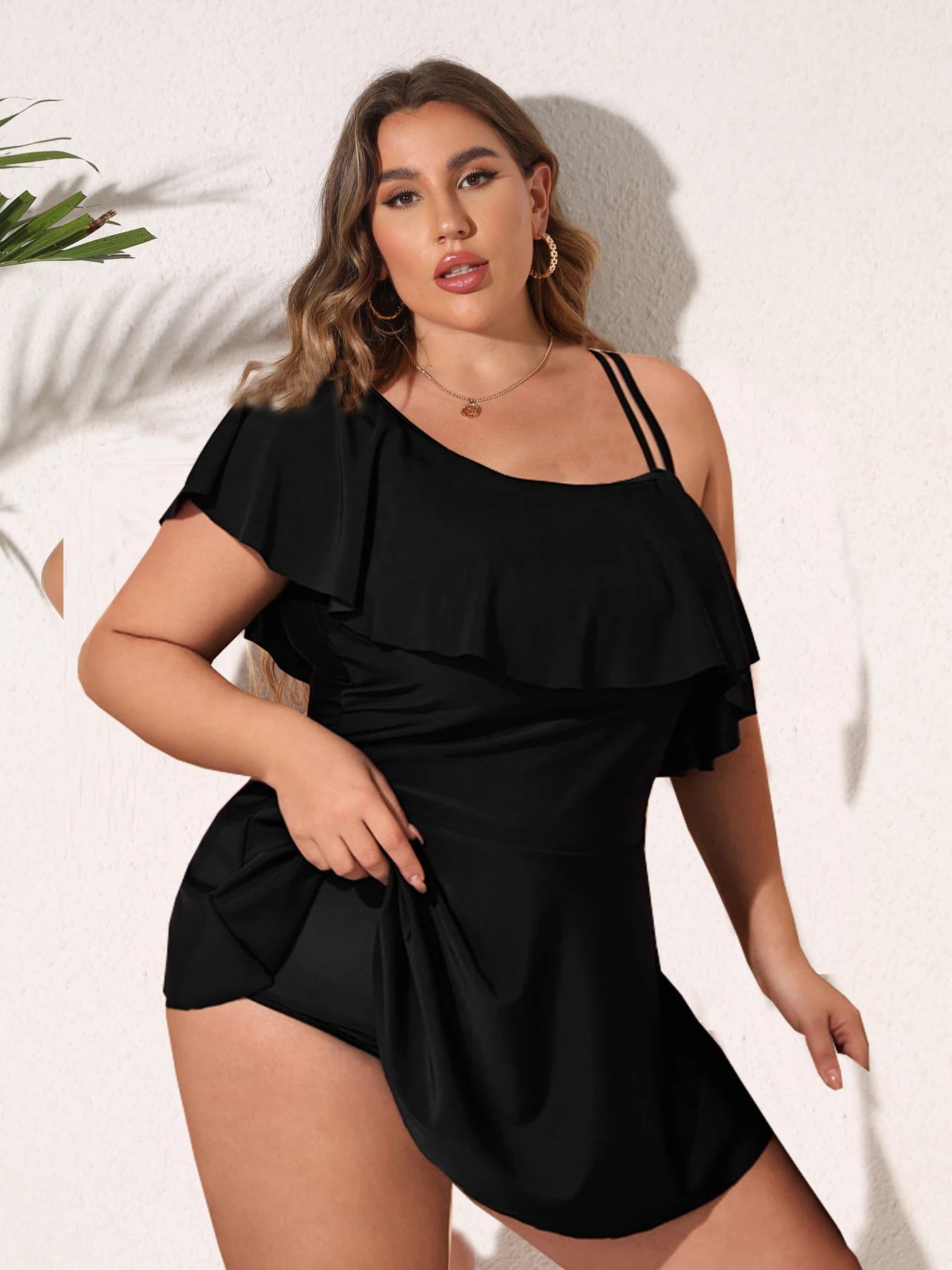 Black Tankini SwimwearPlus Two Pieces Swimsuit Ladies One Shoulder Ruffle Tankini Bathing Suit