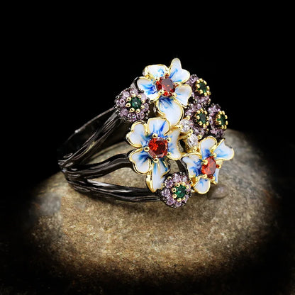 Gorgeous Black & Gold Style Rings Flower Rings Zircon Enamel Flower Ring