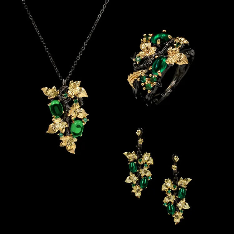 Floral Agate, Zircon Black & Gold Style Rings, Necklace & Earrings Sets