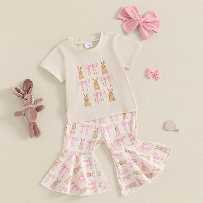 Girl's Easter Bunny T-Shirt, Flare Pants & Bow Headband Sets3-Piece Set