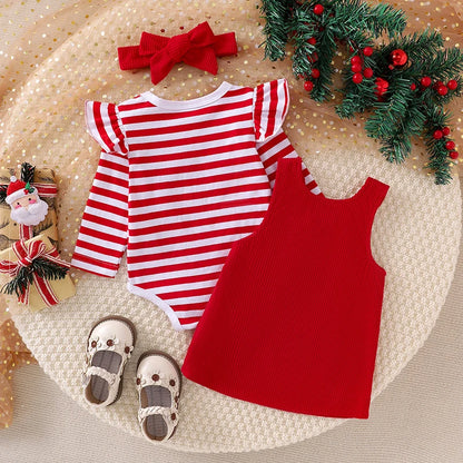 3-Piece Christmas Outfits! Girl’s Embroidered Onesies, Overall Dresses & Bow Headband Sets