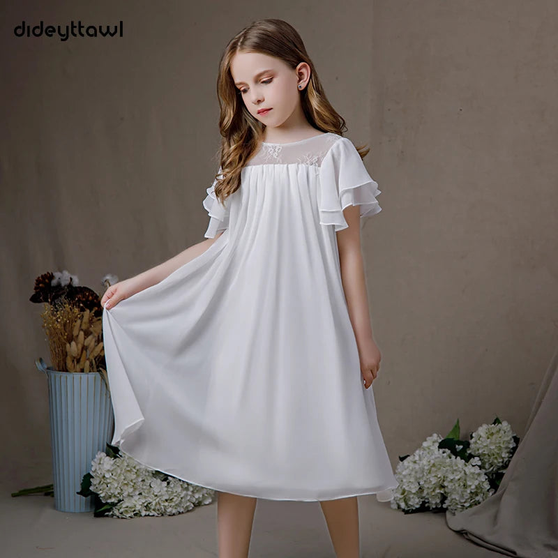 Dideyttawl White Chiffon First Communion Dress Butterfly Sleeves Tea-Length Flower Girl Dress Junior Bridesmaid Gown