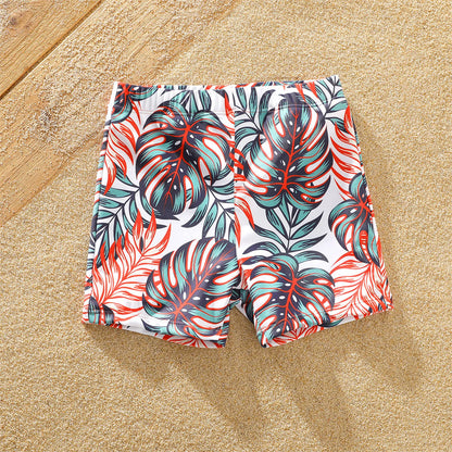 Family Matching! Swimsuit Allover Tropical Plants Print Swim Trunks Shorts & Spaghetti Strap Ruffle One-Piece Swimsuit