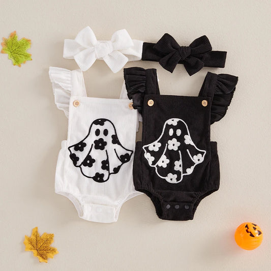 2-Piece Halloween Outfits! Girl’s Ghost, Flower Rompers & Headband Sets