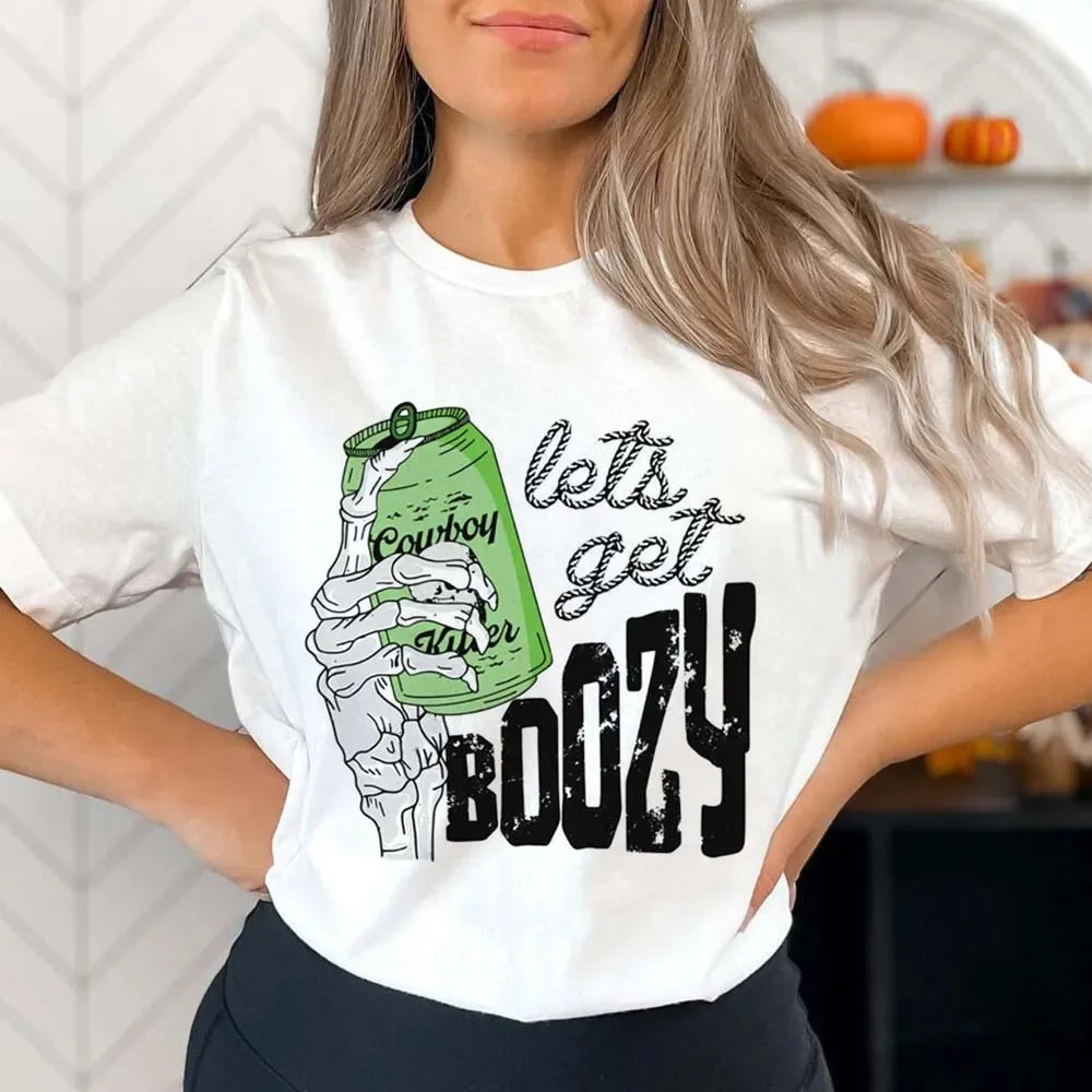 Halloween Tees! Womens Let's Get Boozy Graphic Print T-Shirts