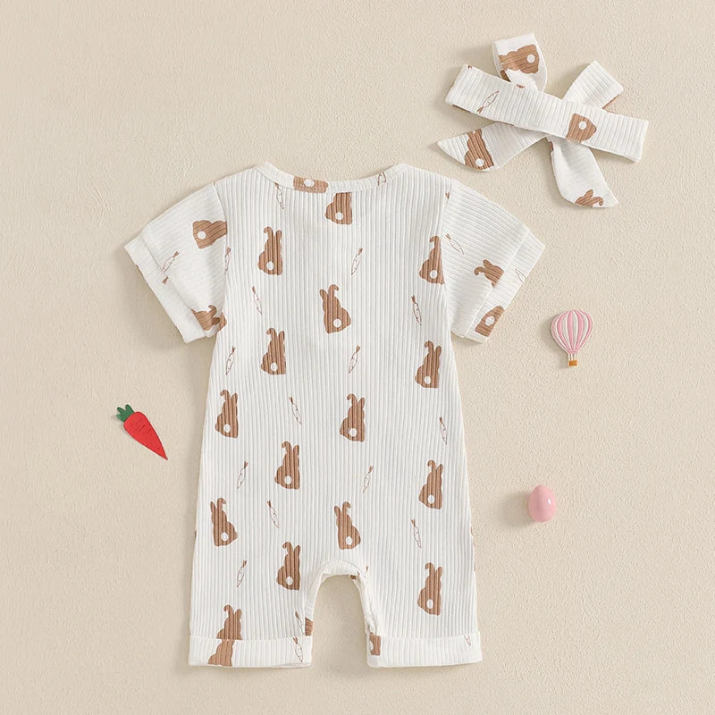 Girl's Short Sleeve Bunny Romper & Bow Headband Sets