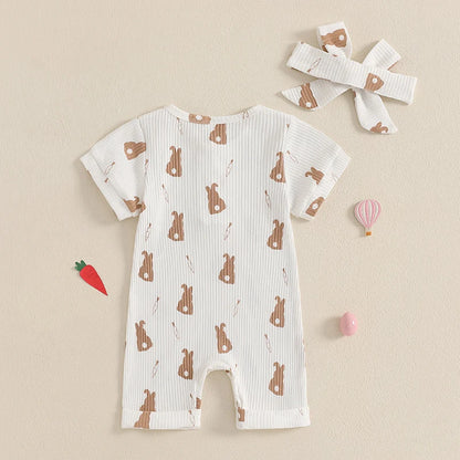 Girl's Short Sleeve Bunny Romper & Bow Headband Sets