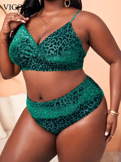 Plus Leopard Lace Up Piece High Waist Bikini Swimsuit