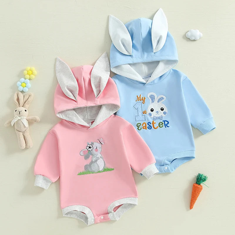 Girl’s Long Sleeve Easter Bunny Embroidered Sweatshirt Rompers