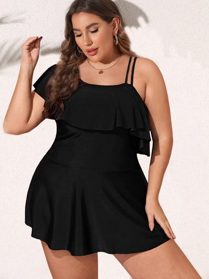 Black Tankini SwimwearPlus Two Pieces Swimsuit Ladies One Shoulder Ruffle Tankini Bathing Suit