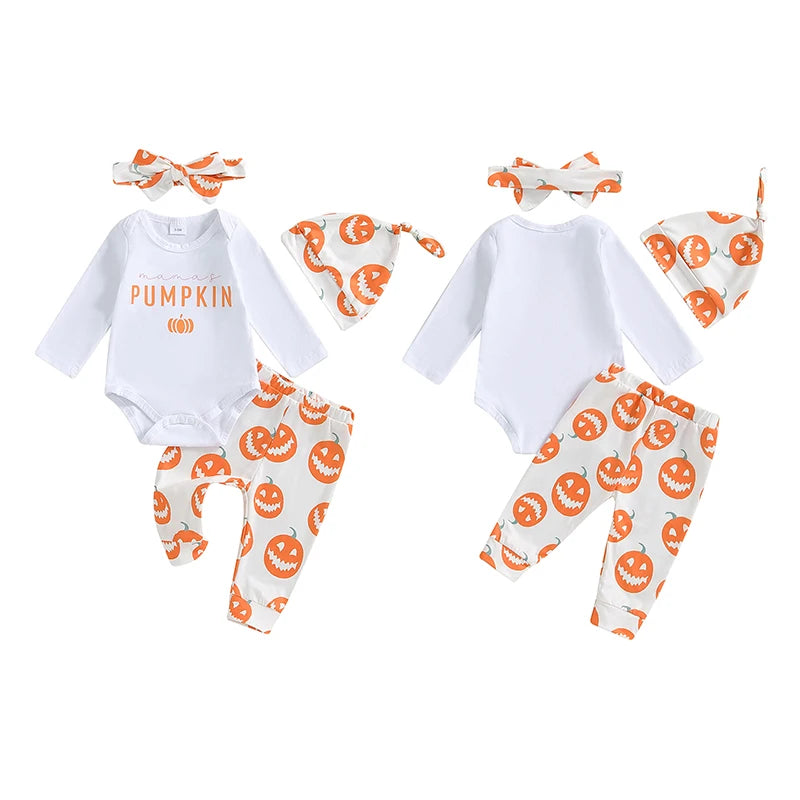 4-Piece Halloween Outfits! Girl’s Long Sleeve Pumpkin Onesie, Pants, Headband & Hat Sets