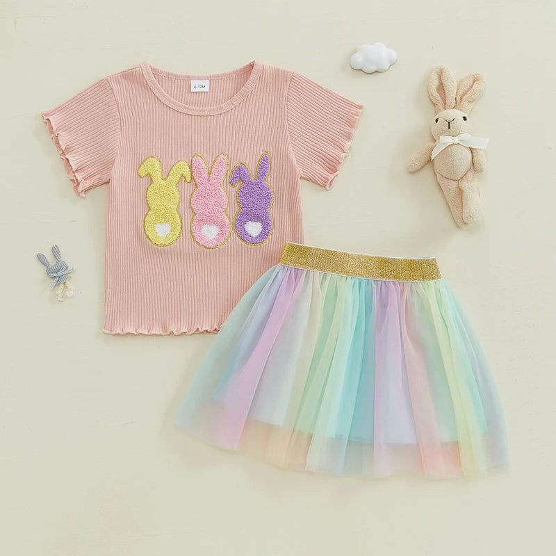 Girl's 2-Piece Embroidered Easter Bunny T-shirts & Rainbow Tulle Skirts Sets