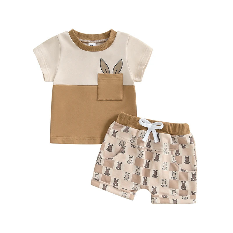 Boy's Easter Contrast Color T-Shirt & Bunny Plaid Shorts Set