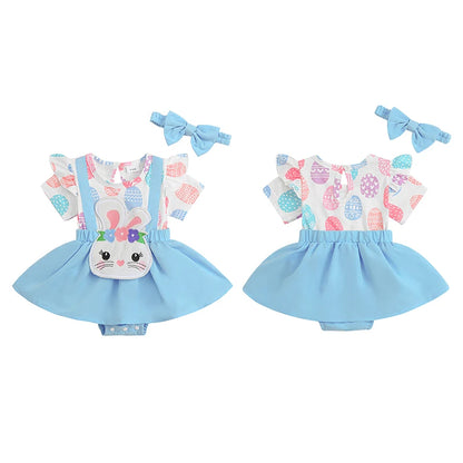 Girl's Easter Bunny, Easter Egg Ruffled Romper Dresses & Headband Sets