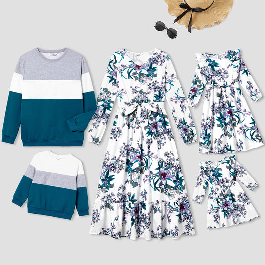 Family Matching! Long-Sleeve Floral Dresses & Colorblock Sweaters