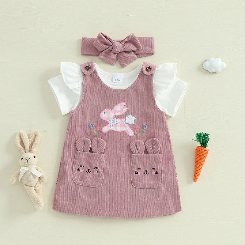 Girl's Easter Bunny Romper Overall Dress & Tie-up Headband Set