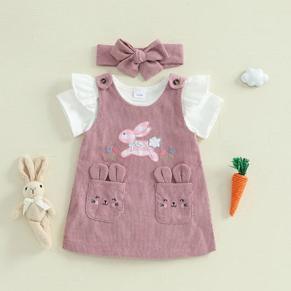 Girl's Easter Bunny Romper Overall Dress & Tie-up Headband Set