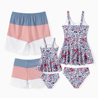 Family Matching! Swimsuit Color Block Drawstring Swim Trunks or Ditsy Floral Bow Side Tankini