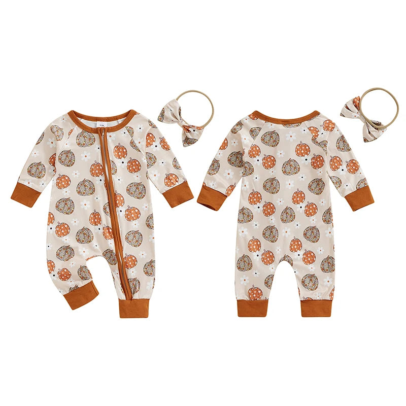 2-Piece Halloween Outfits! Girl’s Long Sleeve Pumpkin, Flower, Onesies & Headband Sets