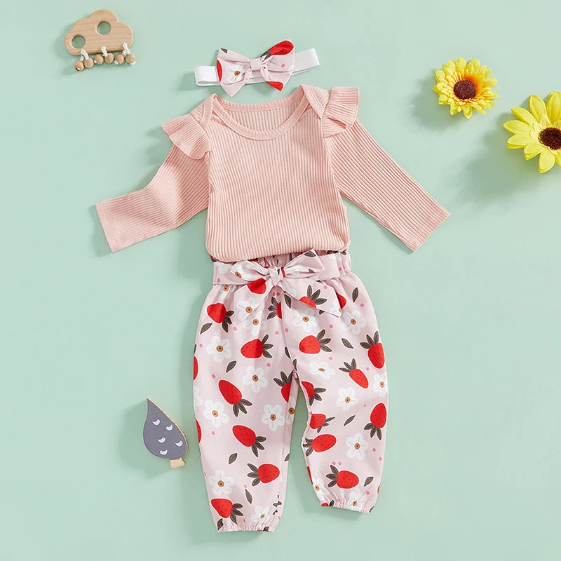 3-Piece Fall Outfits! Girl’s Long Sleeve Flower, Onesies, Pants& Bow Headband Sets