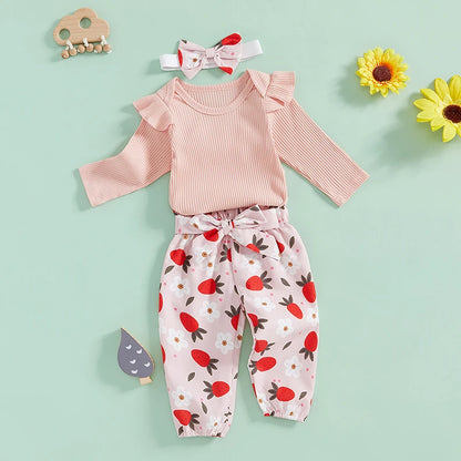 3-Piece Fall Outfits! Girl’s Long Sleeve Flower, Onesies, Pants& Bow Headband Sets