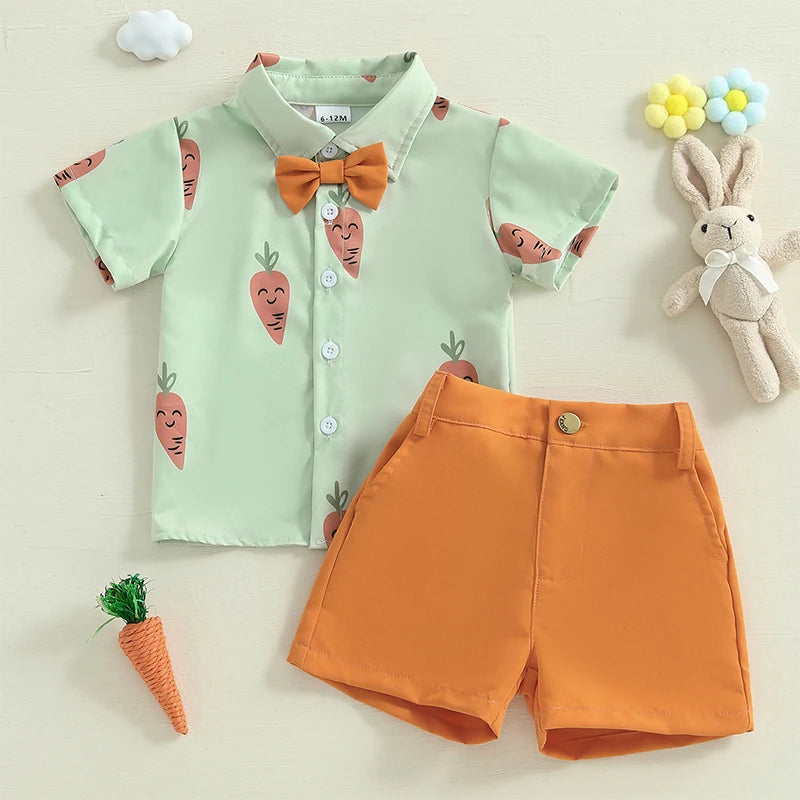 Boy's 2-Piece Easter Bunny/Egg/Carrot Bow-Tie Button Up Polos & Shorts Sets