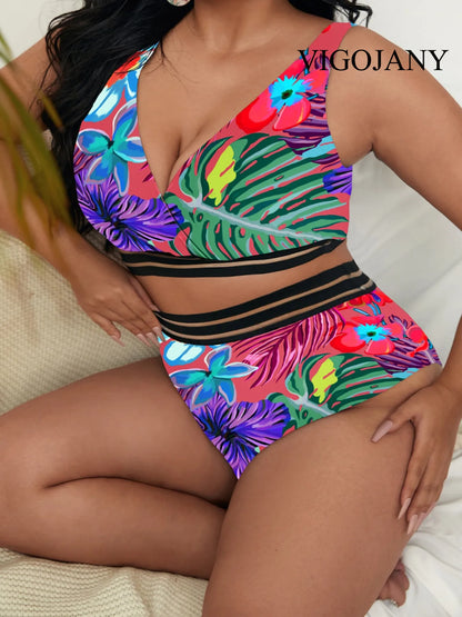 Floral Print SwimwearPlus V Neck Separate Swimsuit 2 Piece High Waist Bikini Set Bathing Suit