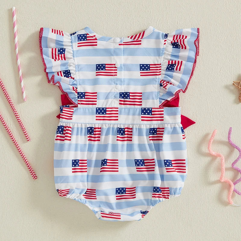 Girl's American Flag 4th of July Doll Collar Bowed Rompers