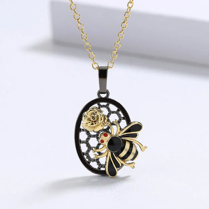 3-piece Black & Gold Style Enamel Bee Rings, Necklace & Earrings Sets