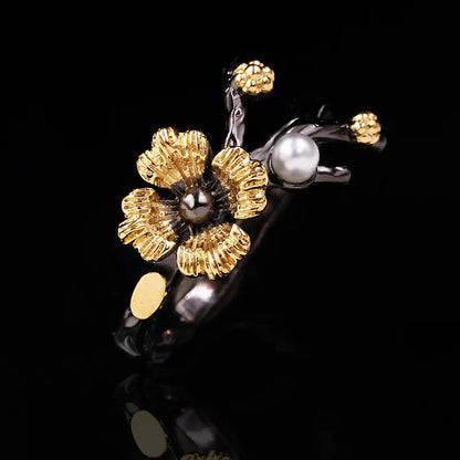 Silver Plated Delicate Daisy Flower Rings Black & Gold Style Pearl Branch Rings Flower