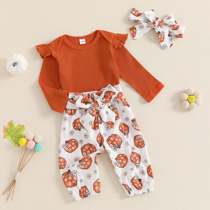 Girl's Floral Pumpkin Onesies, Pants & Bow Headband Sets