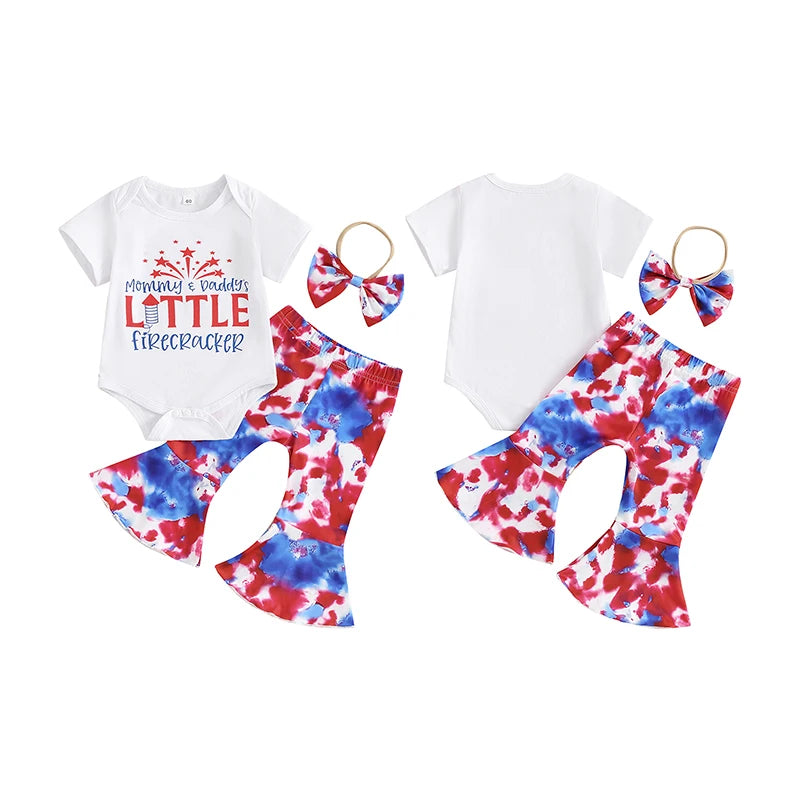 Girl's 3-Piece "Mommy & Daddy's Little Firecracker" 4th of July Onesie, Tie-Dye Pants & Bow Headband Sets