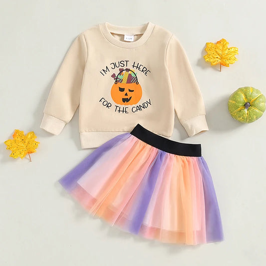 2-Piece Halloween Outfits! Girl’s Long Sleeve Pumpkin Sweatshirt & Tutu Skirts Sets