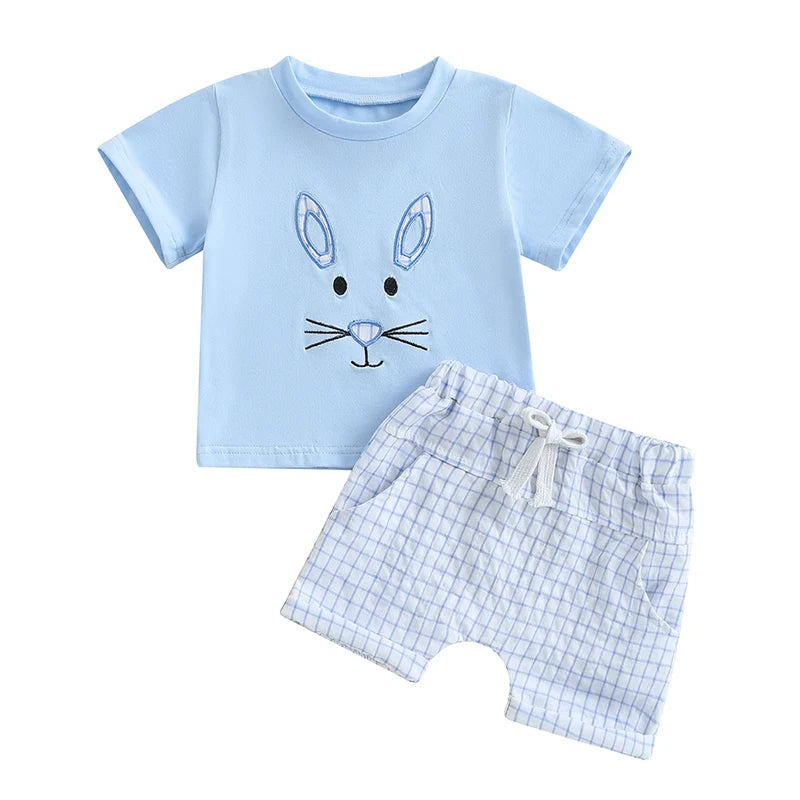 Boy's Easter Bunny Embroidered T-Shirt & Plaid Shorts