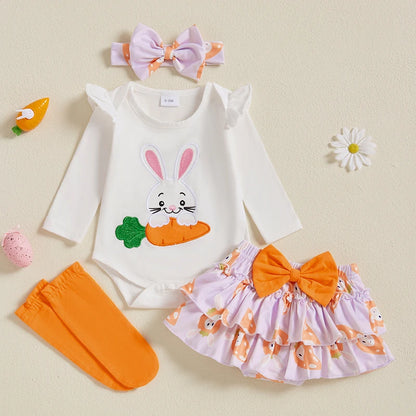 Girl's 4-Piece First Easter, Bunny Onesies, Bow Headband, Skirt & Socks Sets