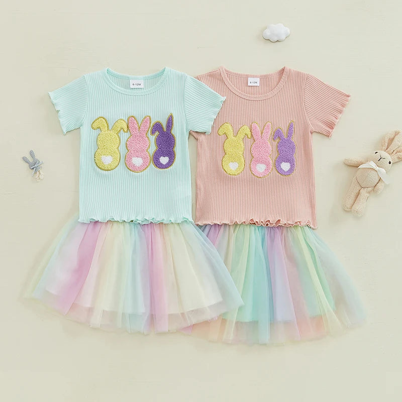 Girl's 2-Piece Embroidered Easter Bunny T-shirts & Rainbow Tulle Skirts Sets