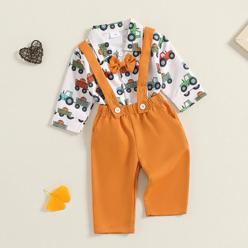 2-Piece Halloween Outfits! Boy’s Long Sleeve Pumpkin Rompers, Suspender Pants & Bow-Tie Sets