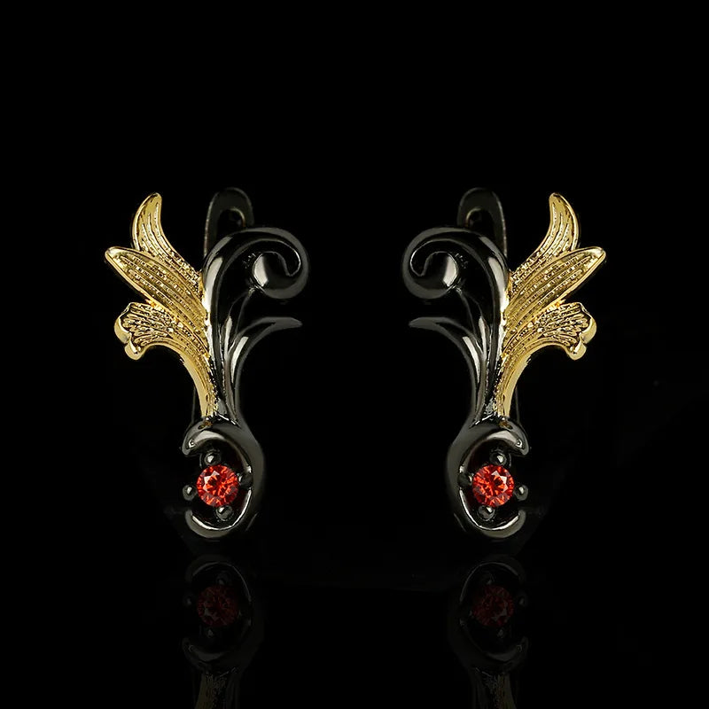 Black & Gold Style Red Zircon Leaf Earrings