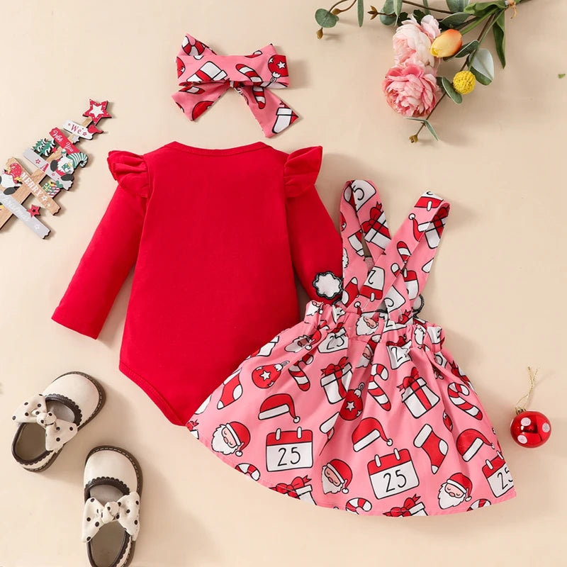 Girl's 3-Piece Christmas Romper, Bib Overall Dress & Bow Headband Sets