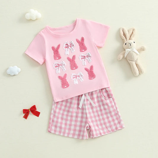 Girl's 2-Piece Easter Bunny Embroidered Tops & Shorts Outfit Sets