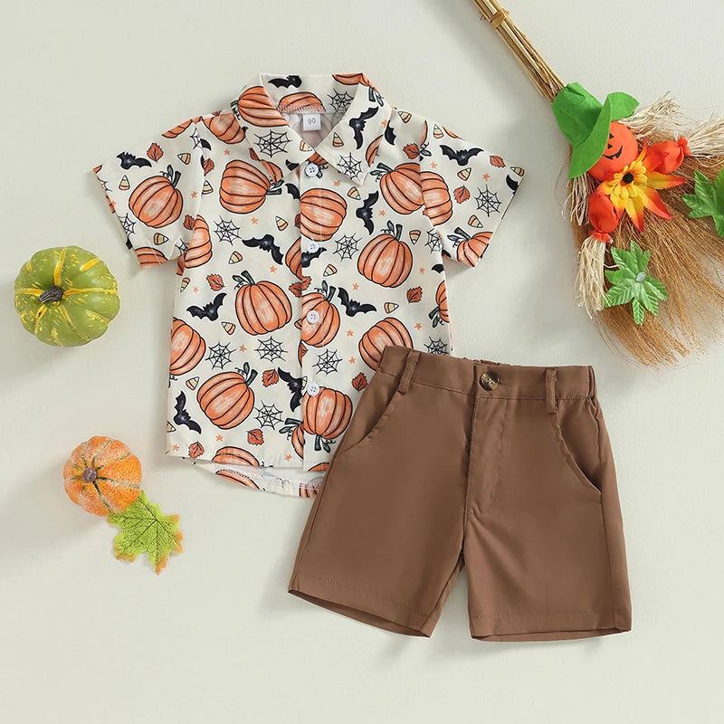 2-Piece Halloween Outfits! Boy’s Short Sleeve Pumpkin Sweatshirt & Shorts Sets